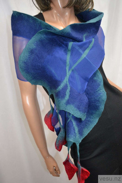 Blue silk scarf, red merino leaves, felting  4420