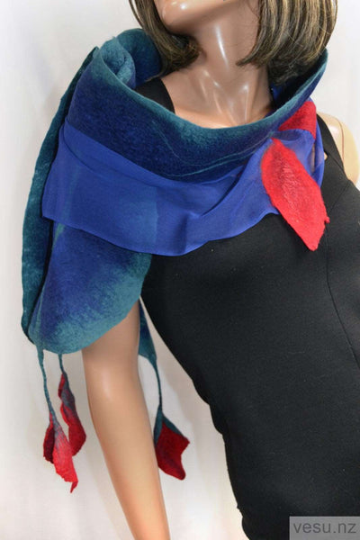 Blue silk scarf, red merino leaves, felting  4420