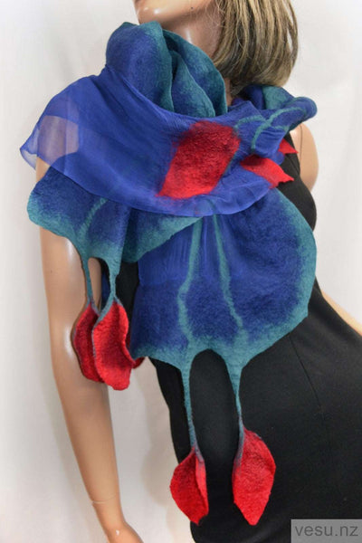 Silk blue scarf red leaves