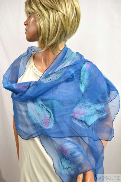 Blue nuno-felted silk scarf merino wool 4477