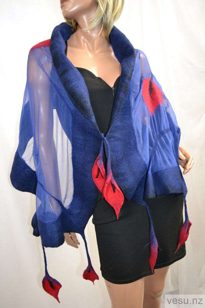Red calla on blue silk. Unique shawl 4487