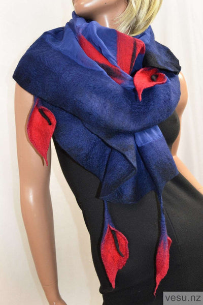 Red calla on blue silk. Unique shawl 4487