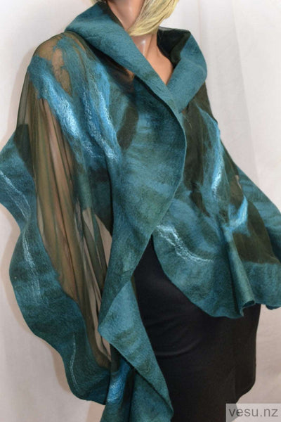 Pounamu nunofelted shawl, handmade in New Zealand, Green stone colour merino wool & silk 4536