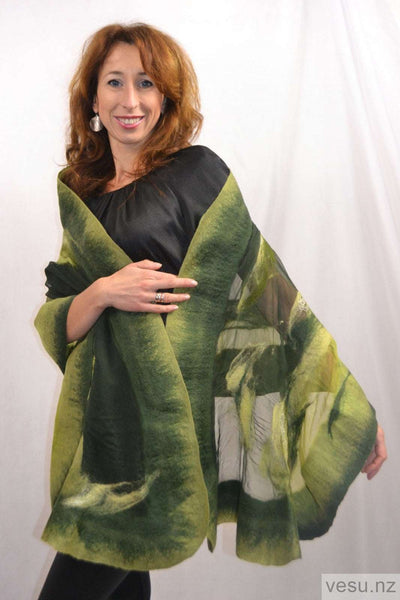 Green shawl, felted merino wool on silk 4598