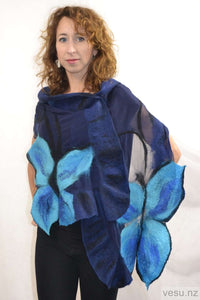 blue butterfly silk shawl merino wool handmade