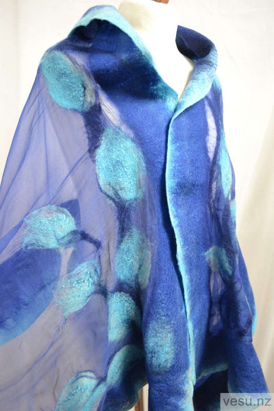 Blue turquoises, unique silk shawl with merino wool 4604
