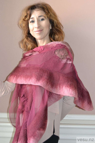 Indian red silk shawl handmade nuno felting 4607