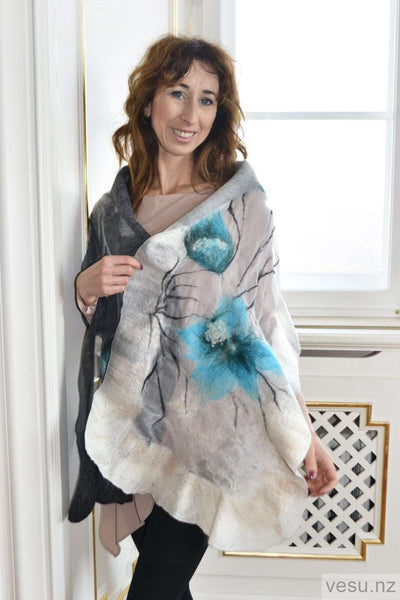 Gray shawl with blue flowers 4608