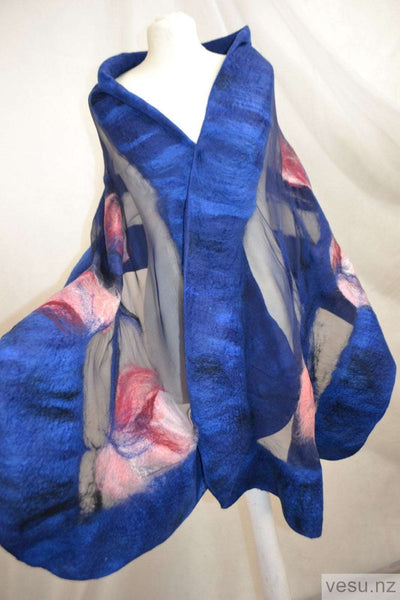Felted pink flowers on blue silk, merino wool 4614