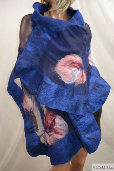 Felted pink flowers on blue silk, merino wool 4614