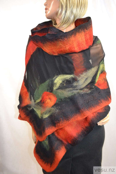 Felted shawl red flowers on black silk, merino wool 4615