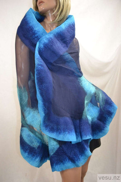 Blue nuno felt large shawl with merino wool 4616