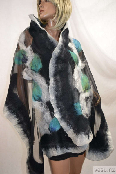 Nuno felt large shawl with merino wool black and gray 4617