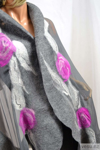 Gray magenta silk shawl with merino wool 4619