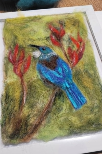 Artistic depiction of a bird tui on a branch with red flowers on a textured surface.