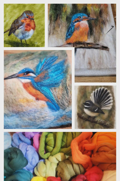 Collage of bird illustrations and colorful yarn skeins.