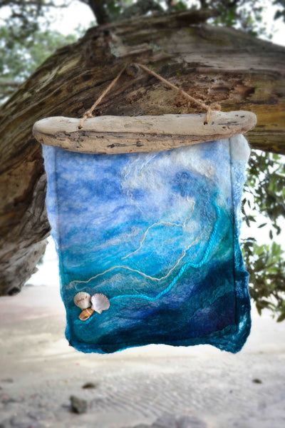 Ocean wave from merino and silk, wall hanging