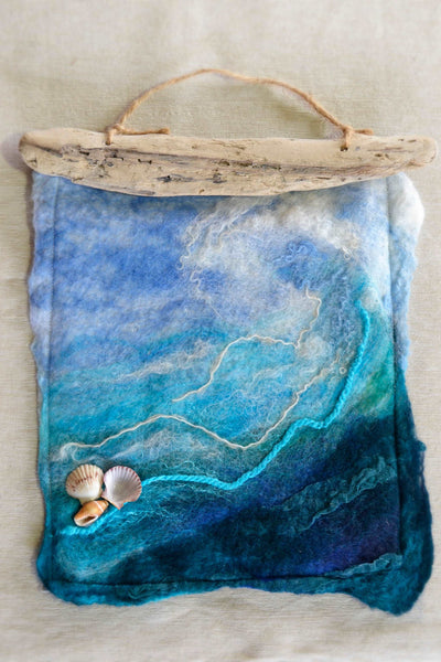 Ocean wave from merino and silk, wall hanging