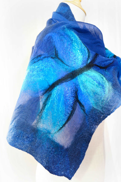 Hand-felted scarf Merino Morpho butterflies on silk 4630