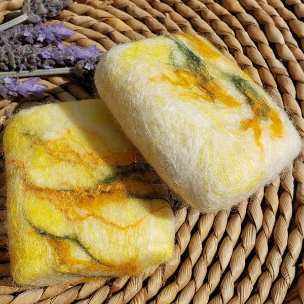 Wool Soap kowhai, covered felted merino wool. Gentle exfoliator skin and body.