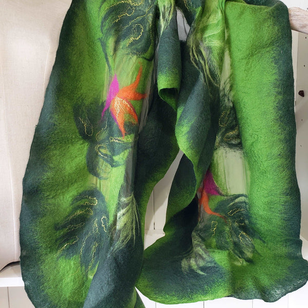 Monstera Tropical leaf with exotic flower, scarf merino & silk, forest green, orange accent.
