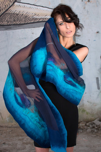 Ocean blue Felted Wrap, Nuno Felted Shawl, Nuno Scarf, Wedding/Bridal Accessories, handmade in New Zealand, wearable art, suits to dress