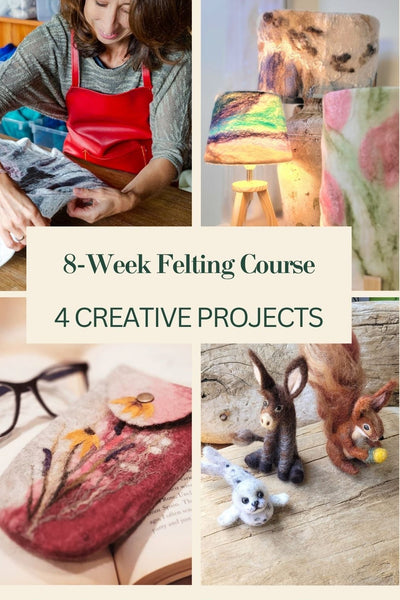 Advertisement for an 8-week felting course with images of felted products and a person working.