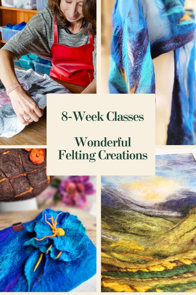 8-week felting classes at Estuary Art Centre with images of felted products and a person working.