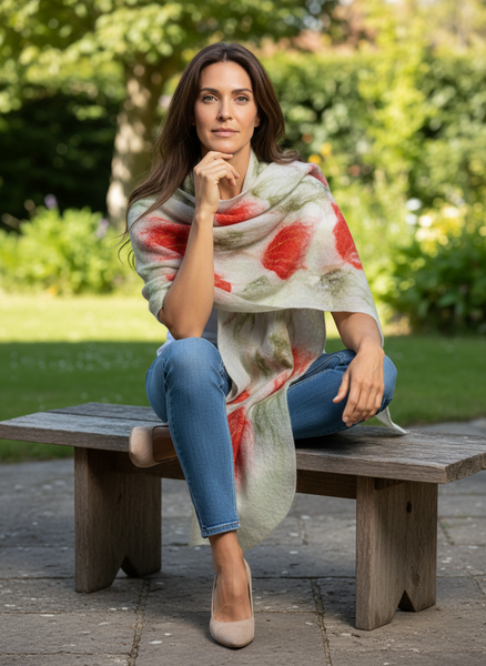 Pohutukawa summer scarf, icon of New Zealand Christmas tree. Merino blended with silk.