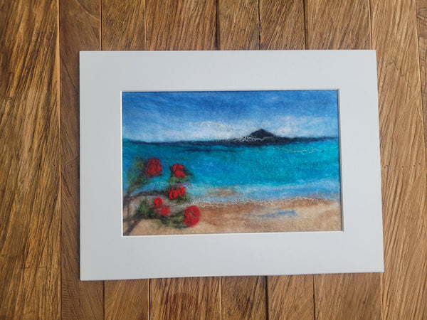 Wool & Silk Painting – Rangitoto Island with Pohutukawa Tree, Nuno Felted Landscape, Framed Textile Art