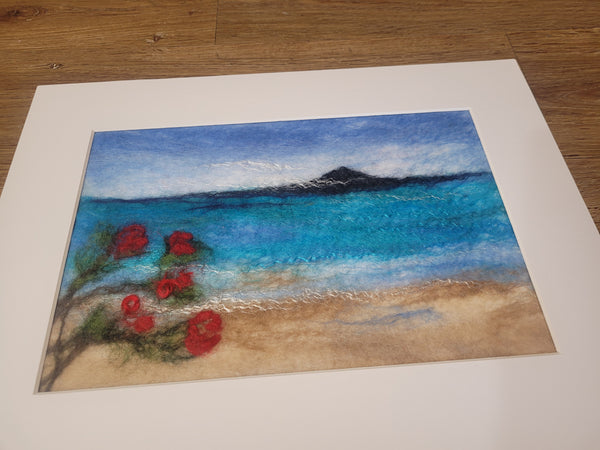 Wool & Silk Painting – Rangitoto Island with Pohutukawa Tree, Nuno Felted Landscape, Framed Textile Art