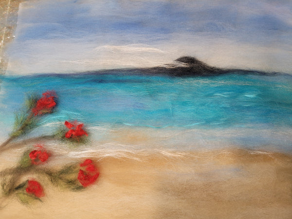 Wool & Silk Painting – Rangitoto Island with Pohutukawa Tree, Nuno Felted Landscape, Framed Textile Art