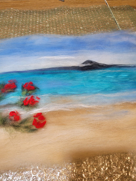 Wool & Silk Painting – Rangitoto Island with Pohutukawa Tree, Nuno Felted Landscape, Framed Textile Art