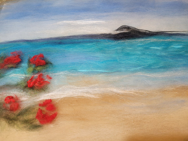 Wool & Silk Painting – Rangitoto Island with Pohutukawa Tree, Nuno Felted Landscape, Framed Textile Art
