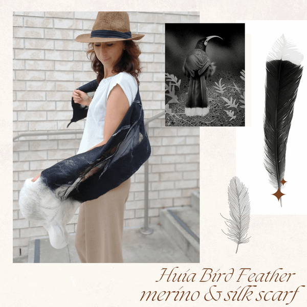 A Huia bird feather as a scarf, icon of New Zealand, Give as a token of friendship & respect. 4639