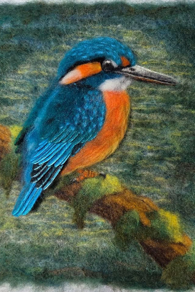 Felted artwork of a kingfisher bird on a textured background