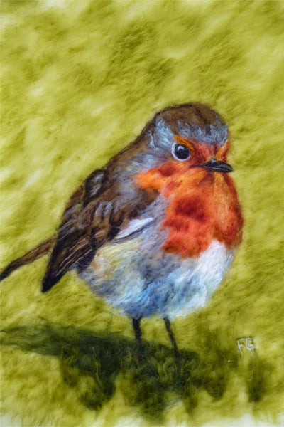 Painting of a robin on a textured green background