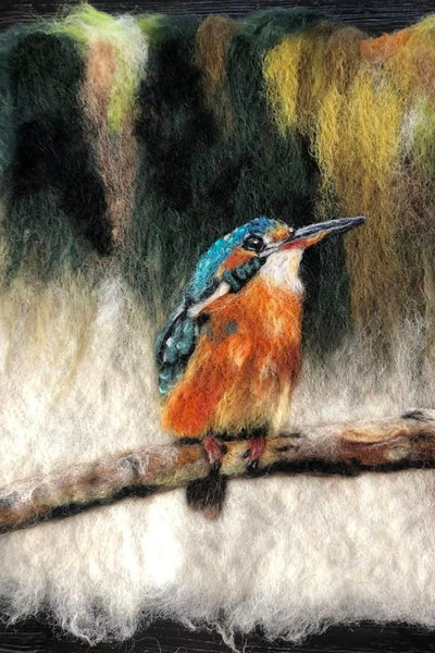 Colorful bird perched on a branch against a textured, multicolored background