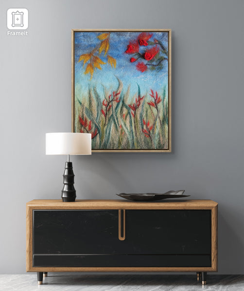 New Zealand Floral Wool Painting – Kōwhai & Pōhutukawa Wall Art, Textured Merino Wool & Silk Artwork, Nature Inspired Fiber Art