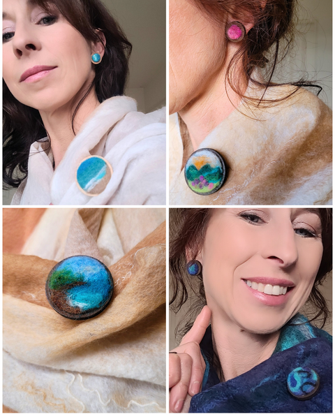 Ocean Landscape in Miniature Needle Felted Brooch – Merino Wool on Wooden Base.