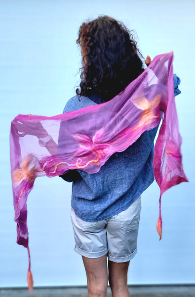 Lightweight Floral Silk Scarf • Merino Wool & Calla Lily Details • Summer Artistic Wrap