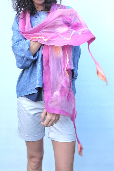 Lightweight Floral Silk Scarf • Merino Wool & Calla Lily Details • Summer Artistic Wrap