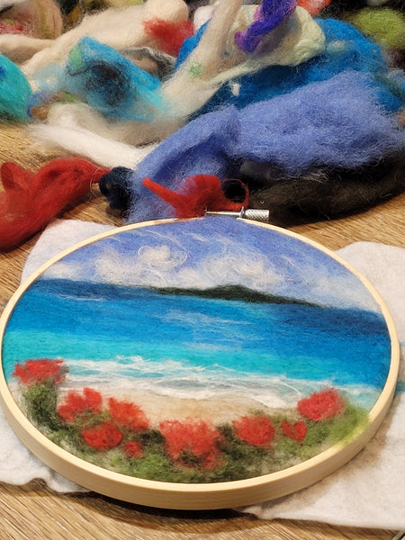 Wool Painting - Needle Felting, Rangitoto and Pohutukawa Bloom Landscape Collection