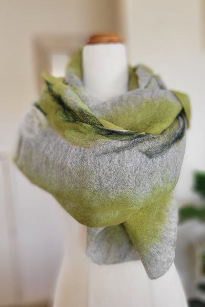 Pistachio Green Silk Shawl – Artistic Merino Wool Wrap on Pure Chiffon Silk, Elegant Lightweight Scarf for Spring Outfit
