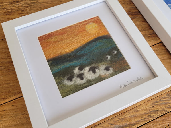 Needle-Felted NZ Landscape - Sheep at Sunset (Framed Art)