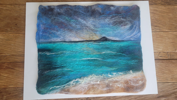 Rangitoto Silk & Merino Wool Painting – New Zealand Ocean Wall Art, Turquoise Coastal