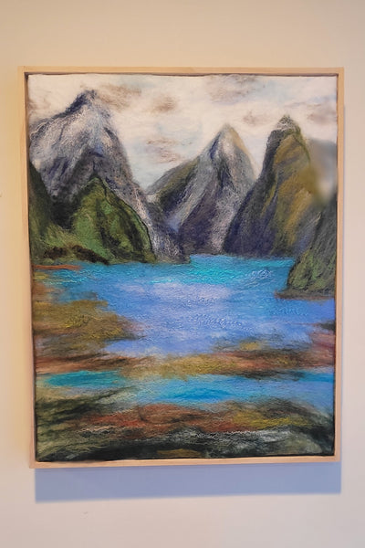 Milford Sound – Wool & Silk Fibre Art | Handmade New Zealand Landscape on Silk Canvas| size 51 x 41 cm!