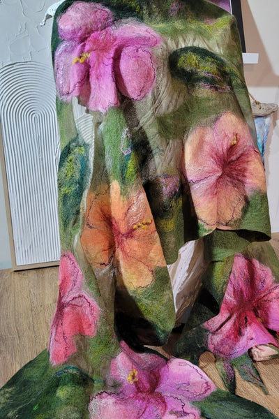 Hibiscus Garden – Merino Wool & Silk Shawl | Handmade Nuno Felted Wrap