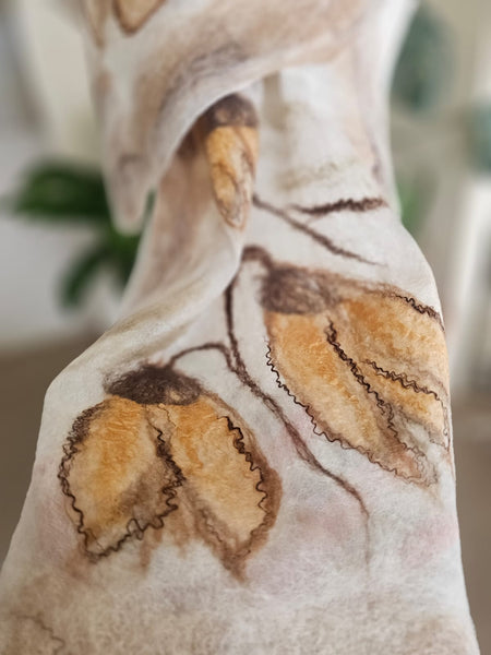 Golden Seeds – Merino Wool & Silk Scarf | Handmade Nuno Felted Wrap