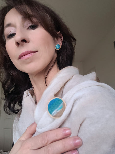 Ocean Landscape in Miniature – Needle Felted Earrings & Brooch. Merino wool on Wooden Base